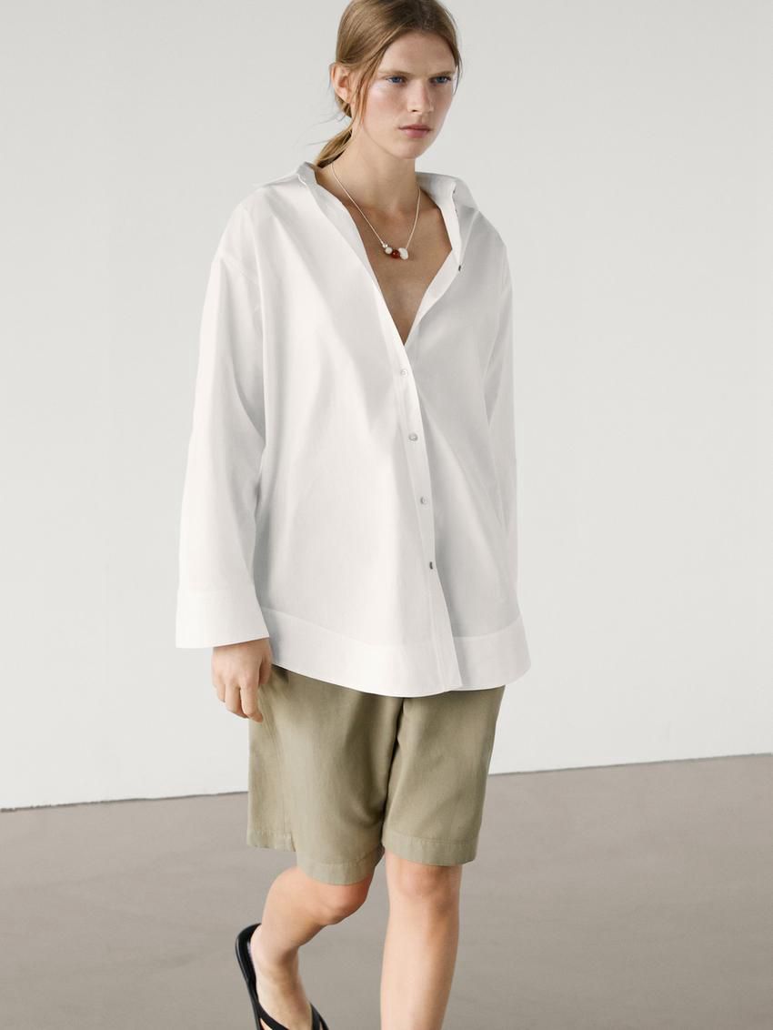 Massimo Dutti Cotton Poplin Oversize With Double Hem Women Blouse White | US-UQ8236754