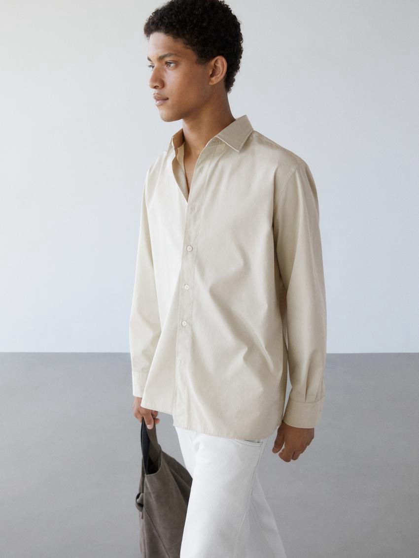Massimo Dutti Cotton Poplin With Pocket Men Shirts Beige | US-UM4187239