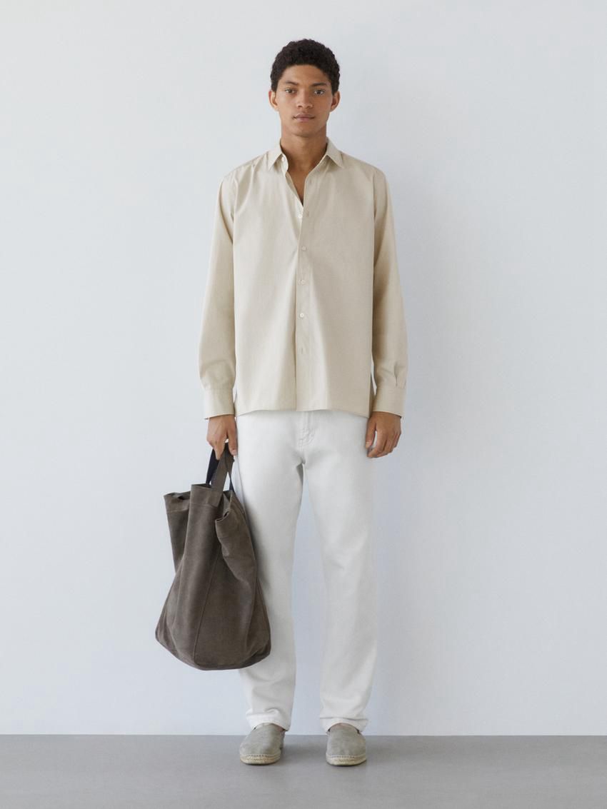 Massimo Dutti Cotton Poplin With Pocket Men Shirts Beige | US-UM4187239