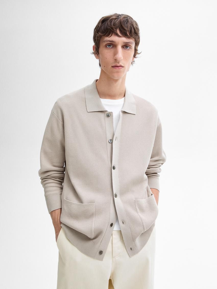 Massimo Dutti Cotton Ribbed Knit Men Cardigan Beige | US-KU8209713