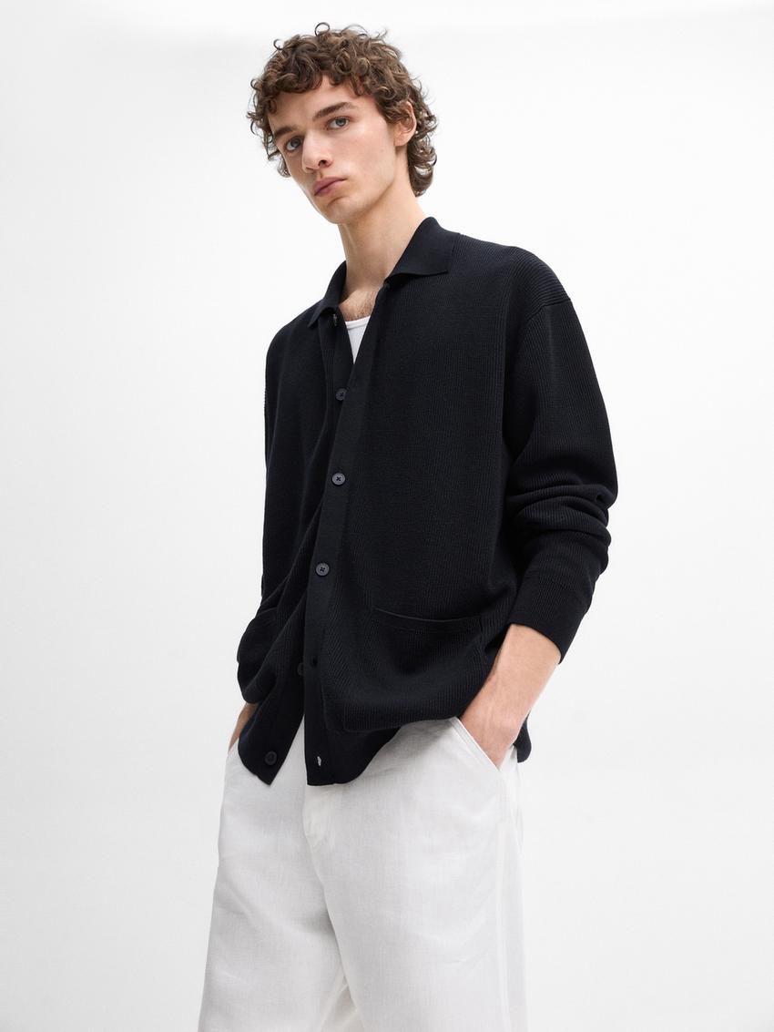 Massimo Dutti Cotton Ribbed Knit Men Cardigan Navy | US-XN6835720