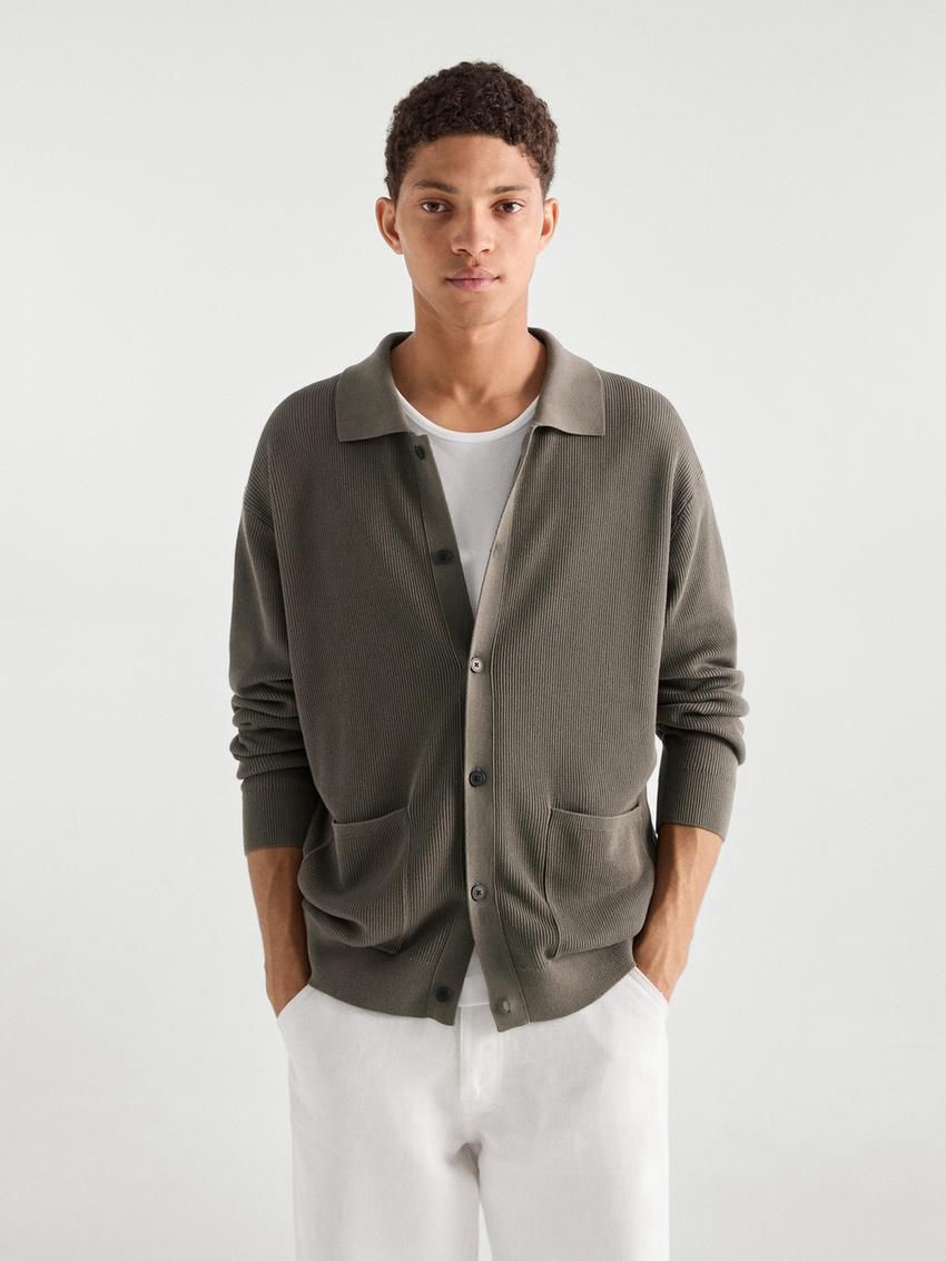 Massimo Dutti Cotton Ribbed Knit Men Cardigan Khaki | US-AC2179354