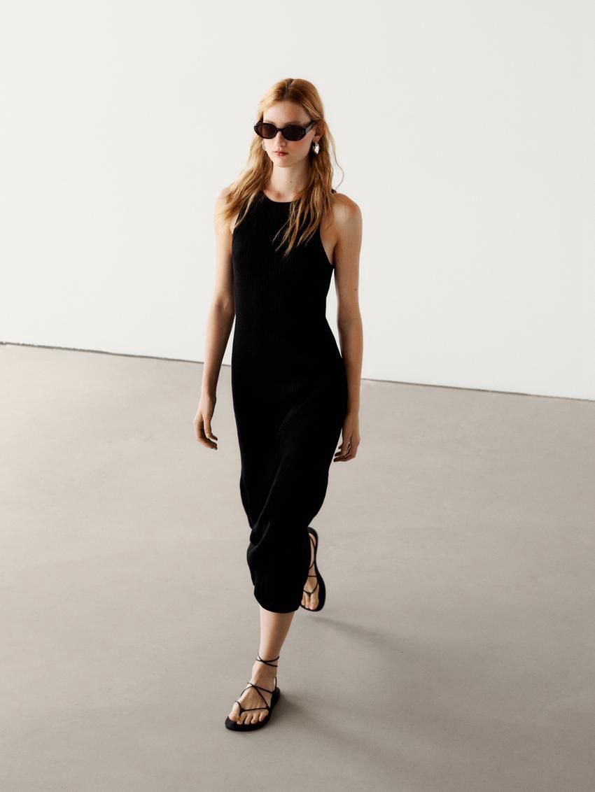 Massimo Dutti Cotton Ribbed Midi Women Dress Black | US-LU2047613