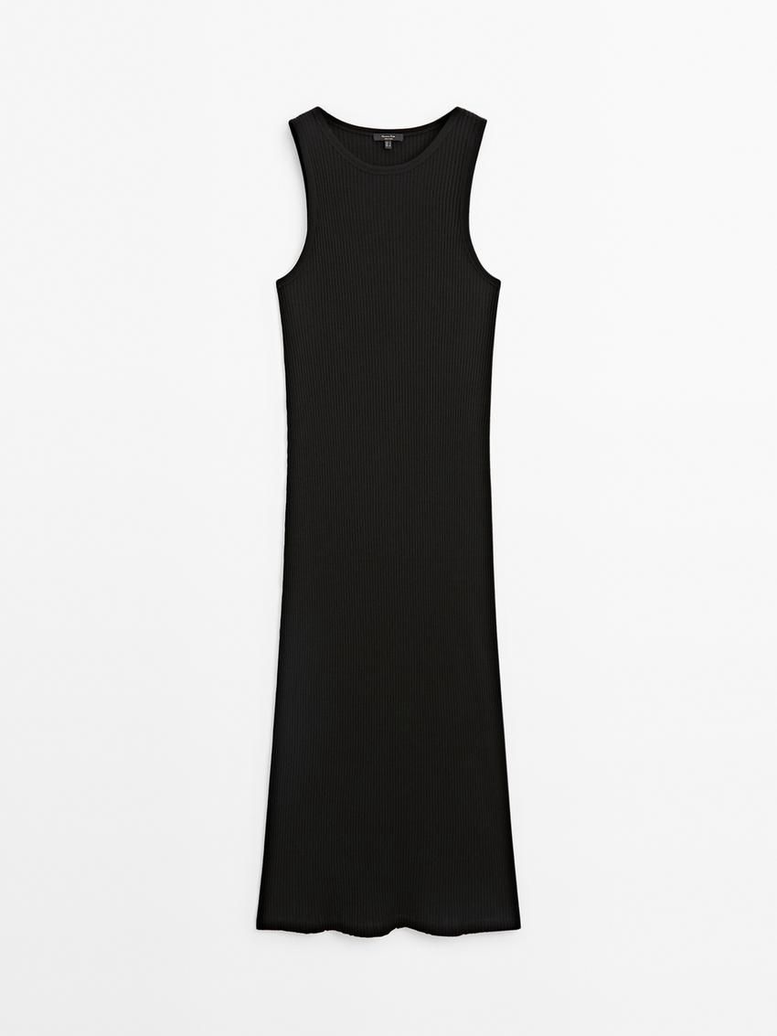 Massimo Dutti Cotton Ribbed Midi Women Dress Black | US-LU2047613