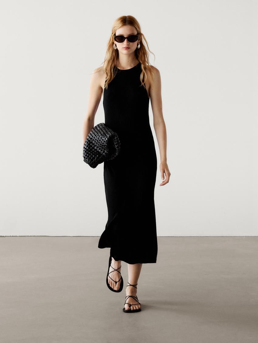 Massimo Dutti Cotton Ribbed Midi Women Dress Black | US-LU2047613