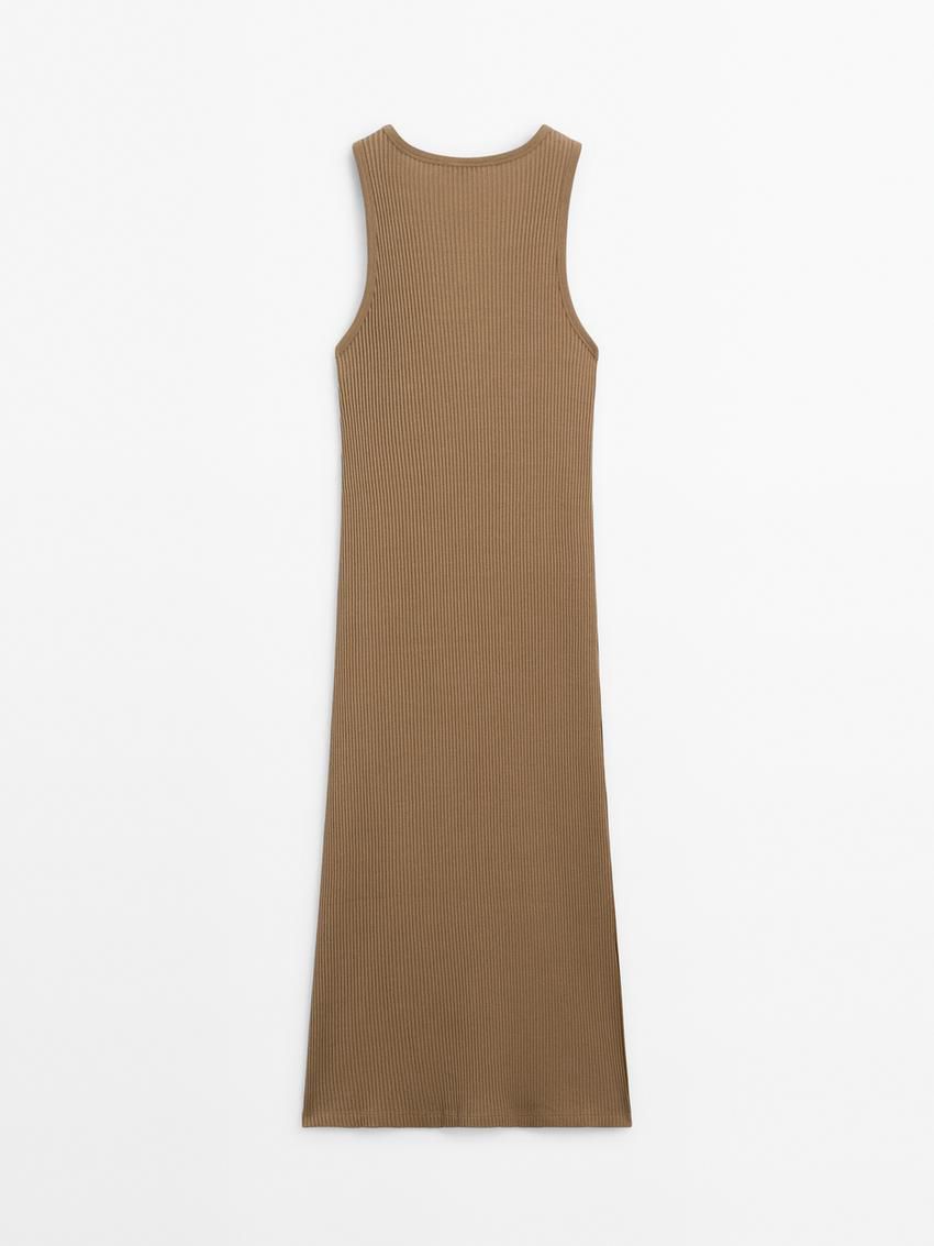 Massimo Dutti Cotton Ribbed Midi Women Dress Brown | US-KV6719524