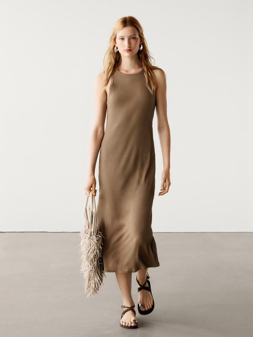 Massimo Dutti Cotton Ribbed Midi Women Dress Brown | US-KV6719524