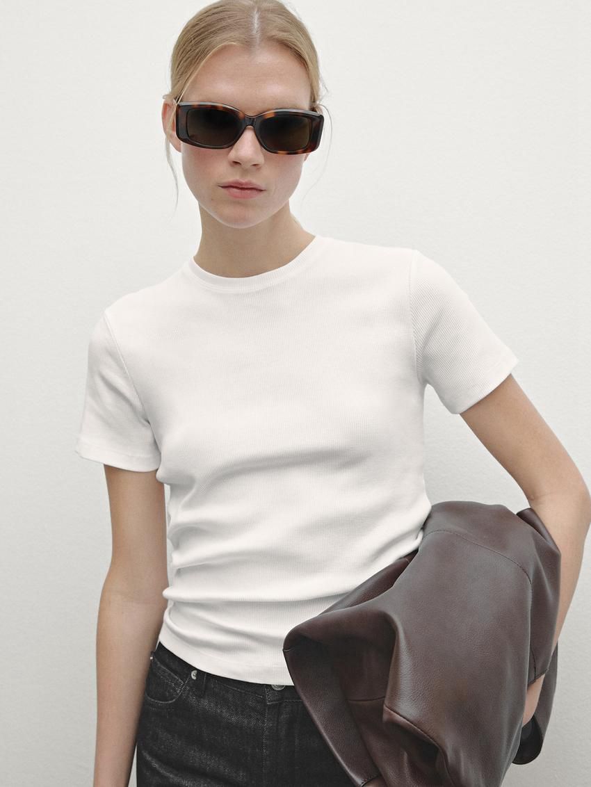 Massimo Dutti Cotton Ribbed Short Sleeve Women T-Shirt White | US-OG0359162