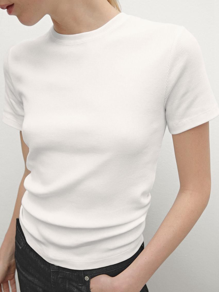 Massimo Dutti Cotton Ribbed Short Sleeve Women T-Shirt White | US-OG0359162