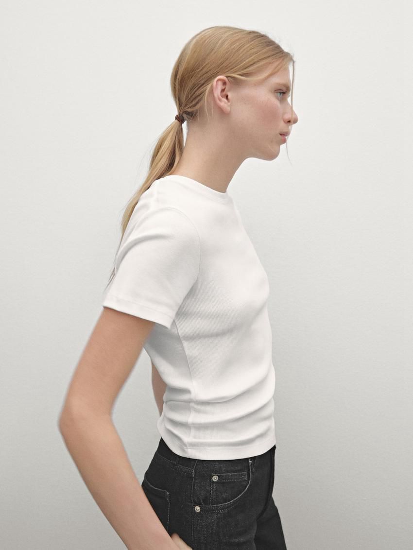 Massimo Dutti Cotton Ribbed Short Sleeve Women T-Shirt White | US-OG0359162