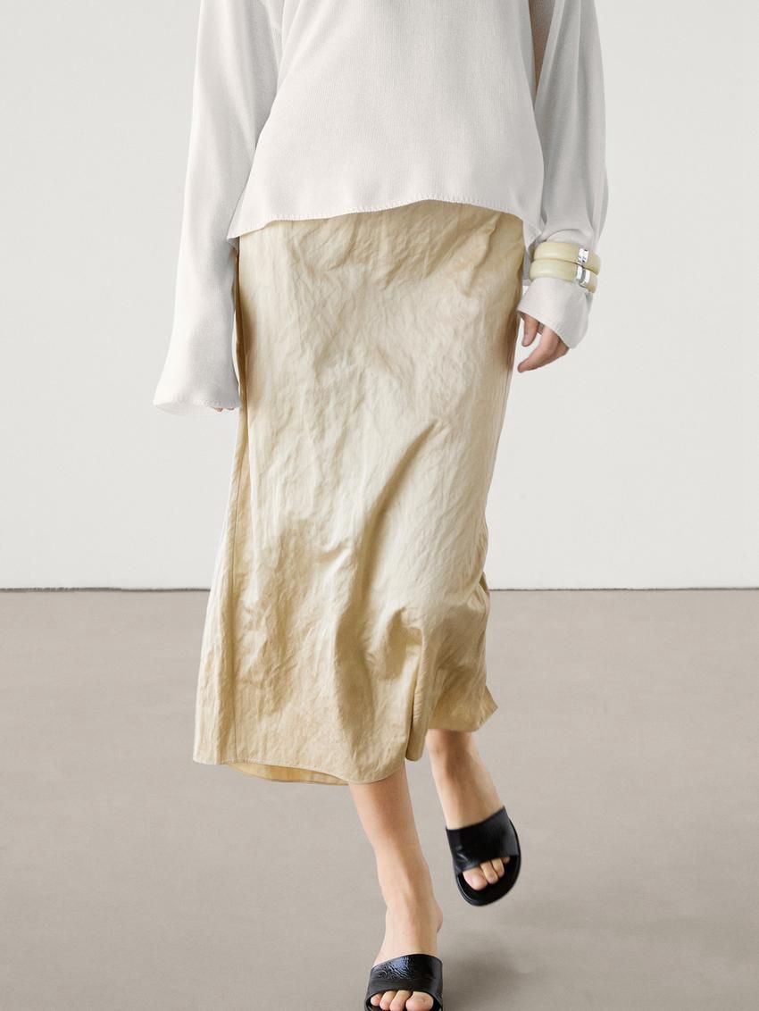 Massimo Dutti Cotton Satin Blend Midi Women Skirts Cream | US-RW2340718