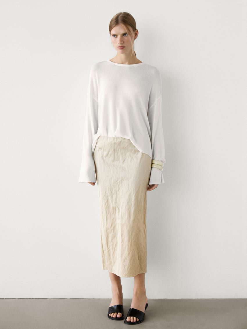 Massimo Dutti Cotton Satin Blend Midi Women Skirts Cream | US-RW2340718