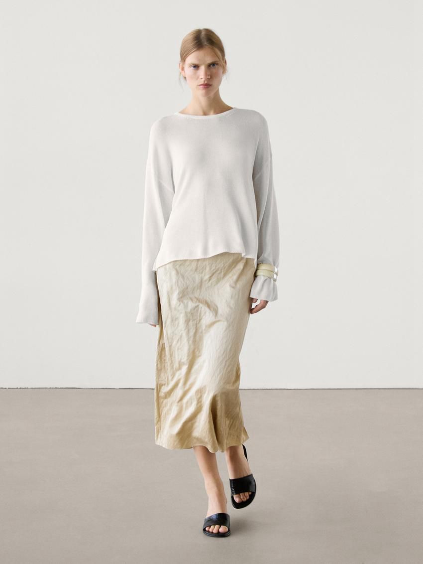 Massimo Dutti Cotton Satin Blend Midi Women Skirts Cream | US-RW2340718