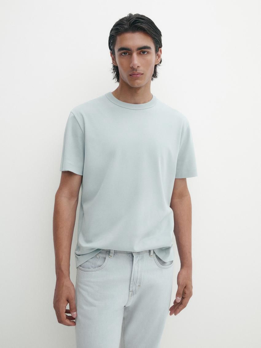 Massimo Dutti Cotton Short Sleeve Men T-Shirt Light Blue | US-ID2013975