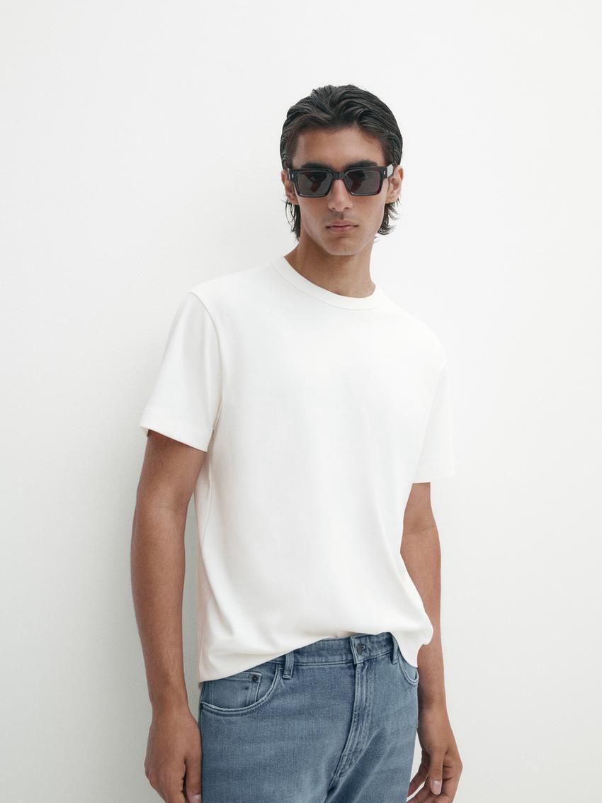 Massimo Dutti Cotton Short Sleeve Men T-Shirt Cream | US-SD1342678