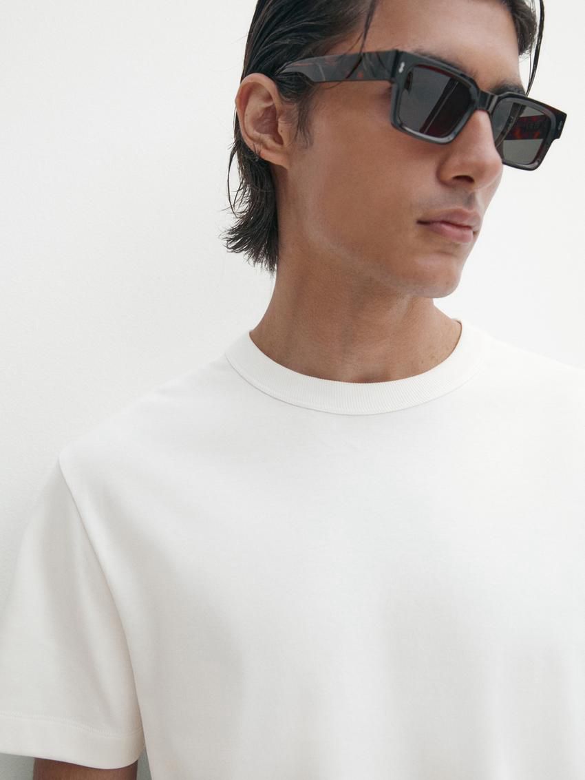 Massimo Dutti Cotton Short Sleeve Men T-Shirt Cream | US-SD1342678