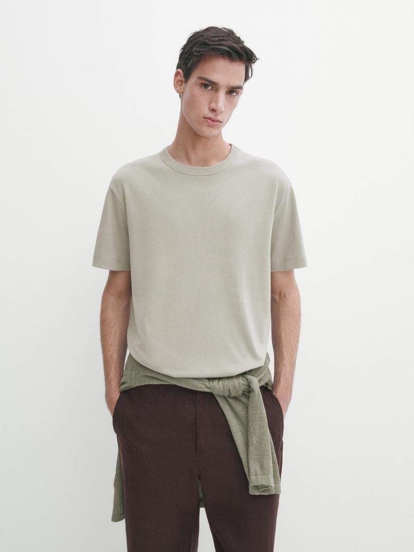 Massimo Dutti Cotton Short Sleeve Men T-Shirt Light Green | US-IT1395706