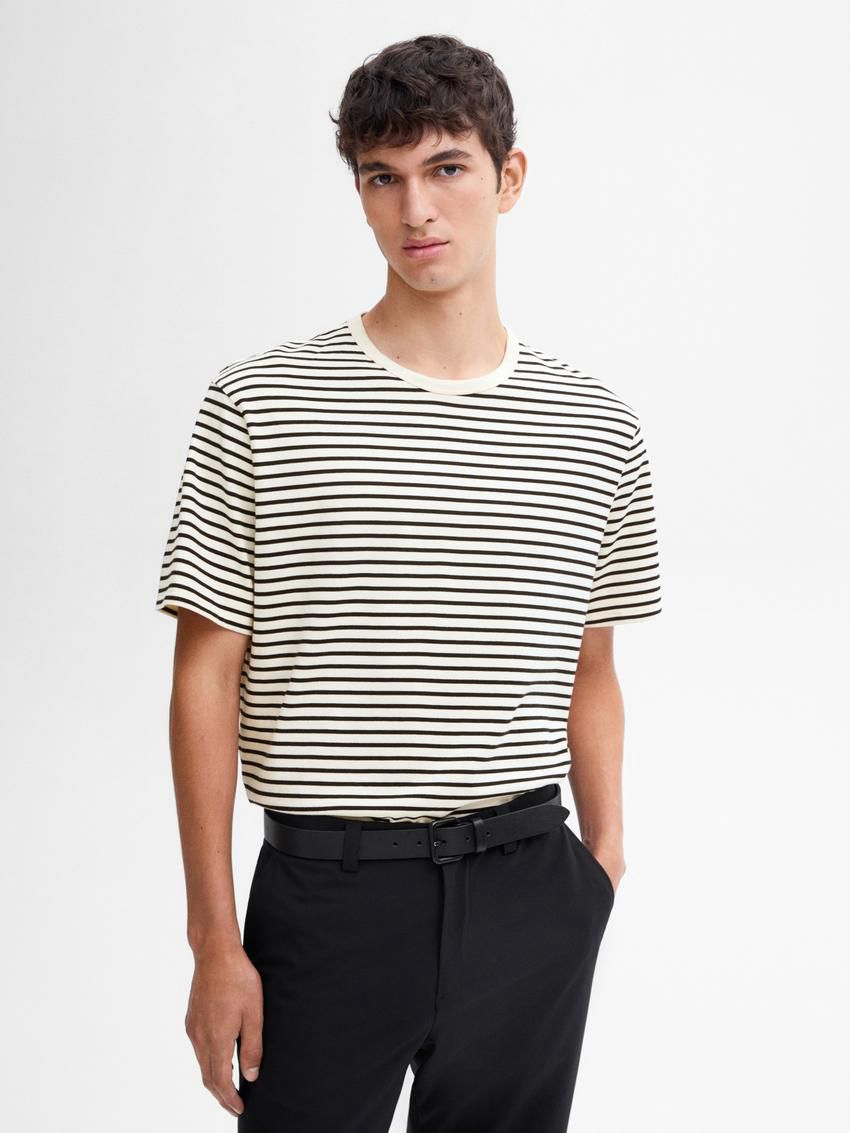 Massimo Dutti Cotton Short Sleeve Men T-Shirt Cream / Black | US-RJ9624730