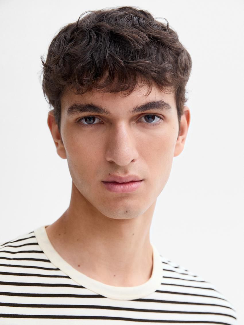 Massimo Dutti Cotton Short Sleeve Men T-Shirt Cream / Black | US-RJ9624730