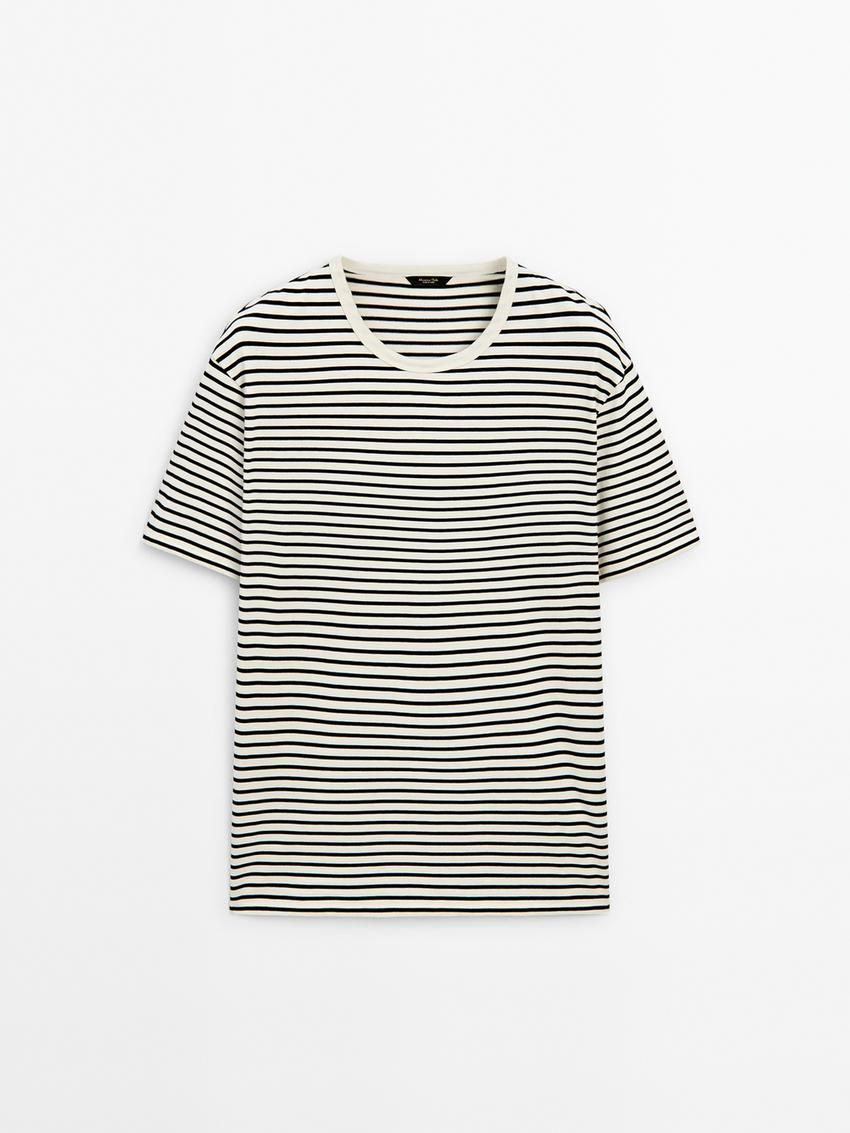 Massimo Dutti Cotton Short Sleeve Men T-Shirt Cream / Black | US-RJ9624730