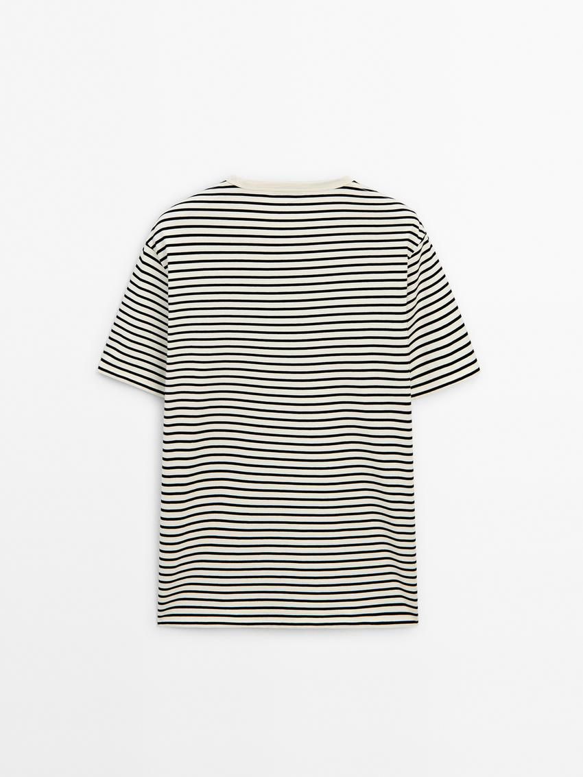 Massimo Dutti Cotton Short Sleeve Men T-Shirt Cream / Black | US-RJ9624730