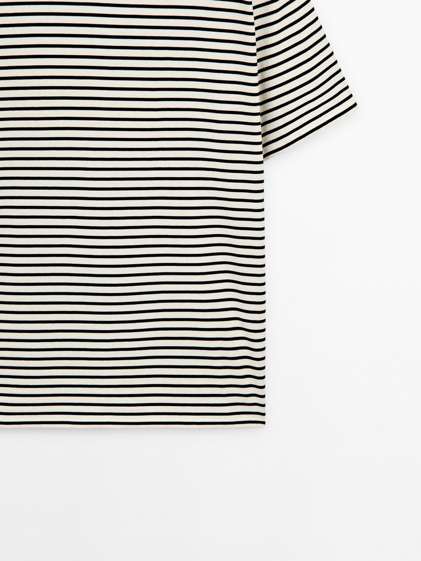 Massimo Dutti Cotton Short Sleeve Men T-Shirt Cream / Black | US-RJ9624730