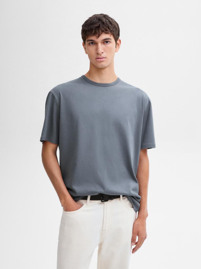 Massimo Dutti Cotton Short Sleeve Men T-Shirt Blue Grey | US-EG6407823