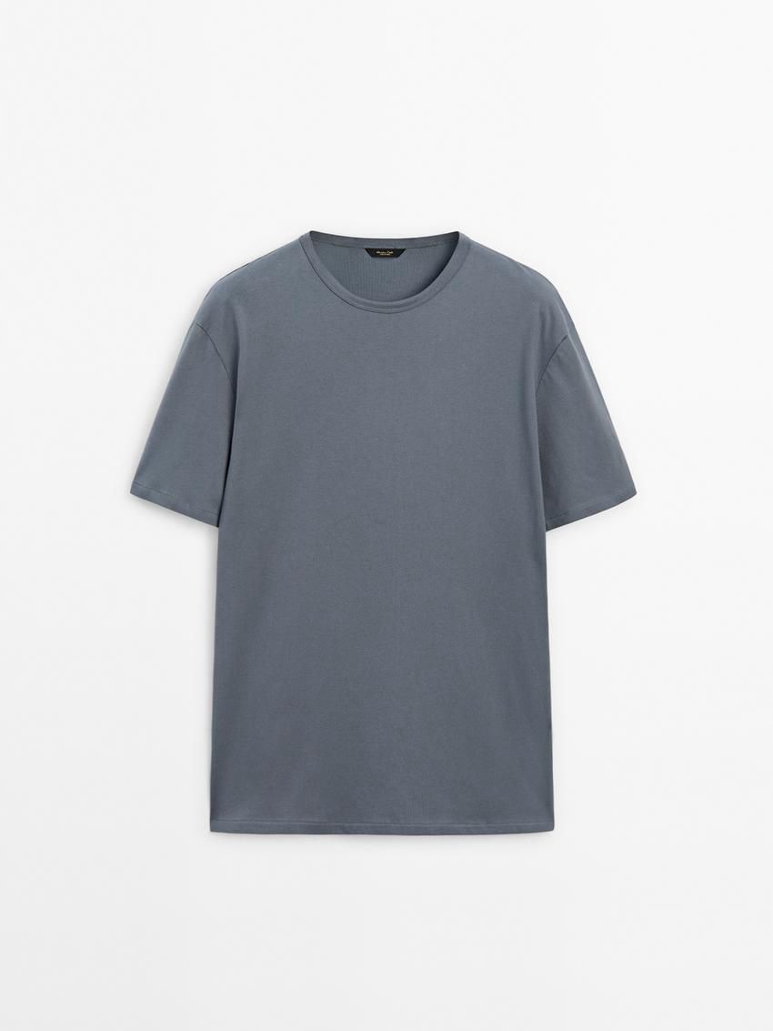 Massimo Dutti Cotton Short Sleeve Men T-Shirt Blue Grey | US-EG6407823