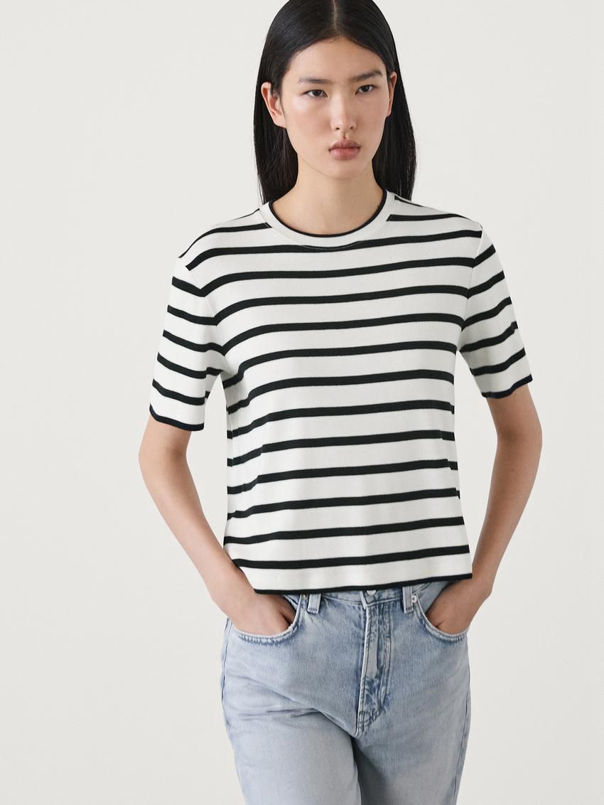 Massimo Dutti Cotton Short Sleeve Striped Women T-Shirt White / Black | US-MG1698734