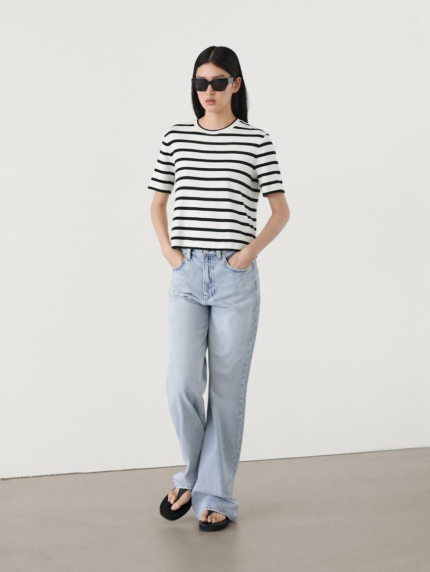 Massimo Dutti Cotton Short Sleeve Striped Women T-Shirt White / Black | US-MG1698734