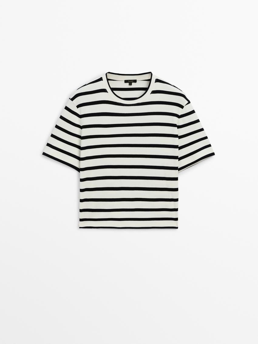 Massimo Dutti Cotton Short Sleeve Striped Women T-Shirt White / Black | US-MG1698734