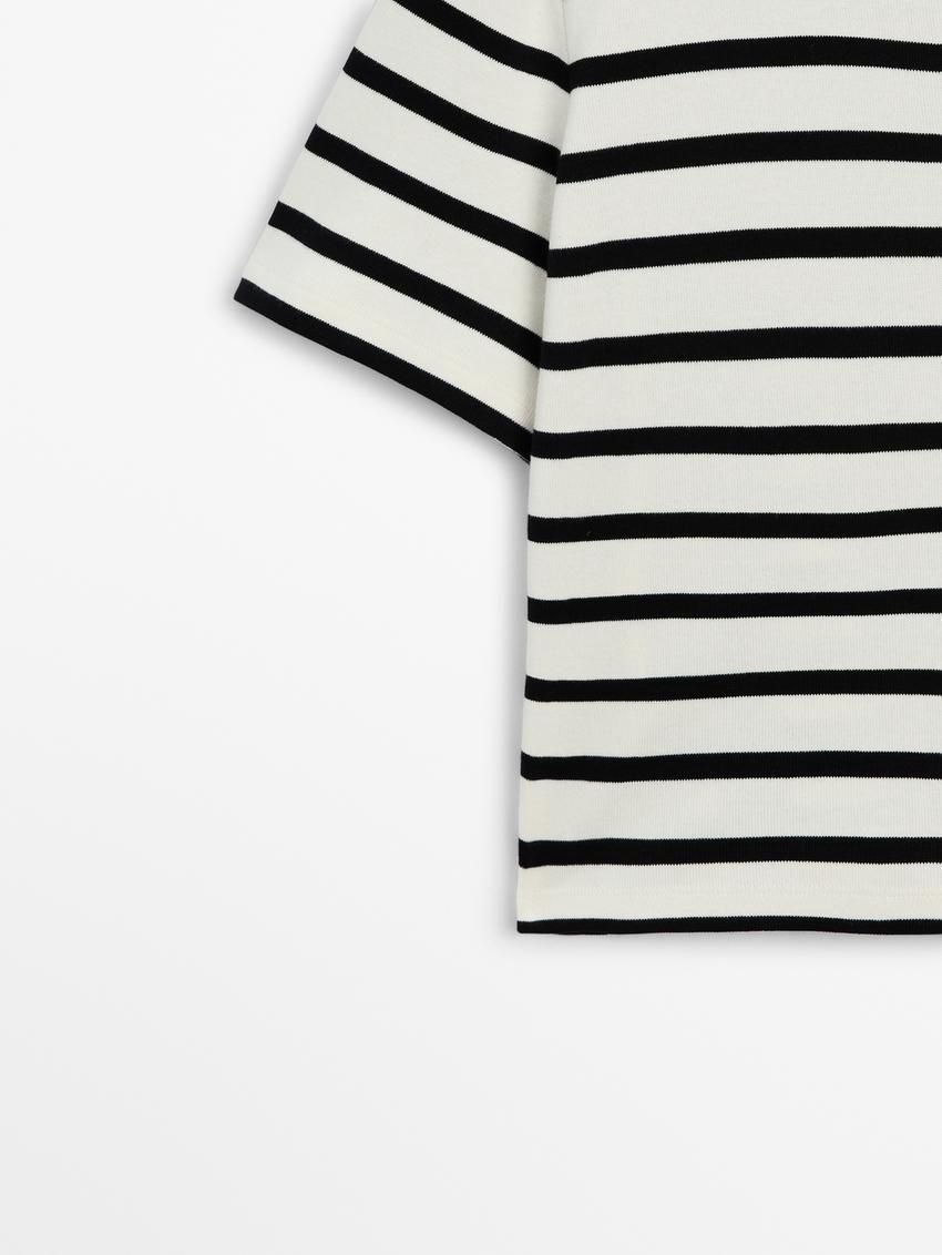 Massimo Dutti Cotton Short Sleeve Striped Women T-Shirt White / Black | US-MG1698734
