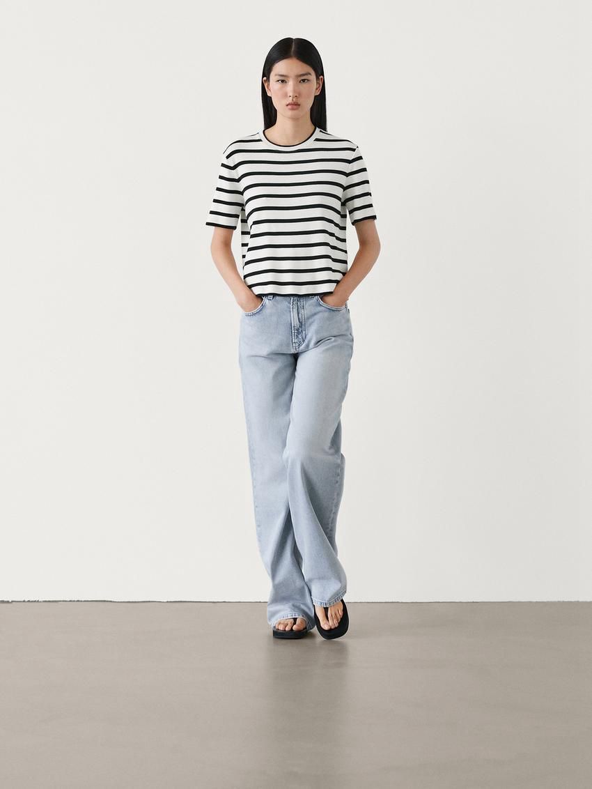 Massimo Dutti Cotton Short Sleeve Striped Women T-Shirt White / Black | US-MG1698734