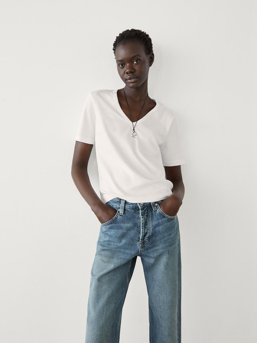 Massimo Dutti Cotton Short Sleeve Women T-Shirt White | US-LE8321075