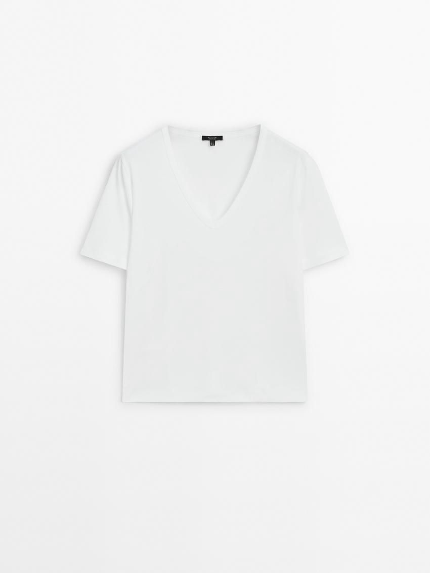 Massimo Dutti Cotton Short Sleeve Women T-Shirt White | US-LE8321075