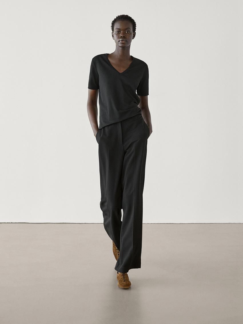 Massimo Dutti Cotton Short Sleeve Women T-Shirt Black | US-IF0586432
