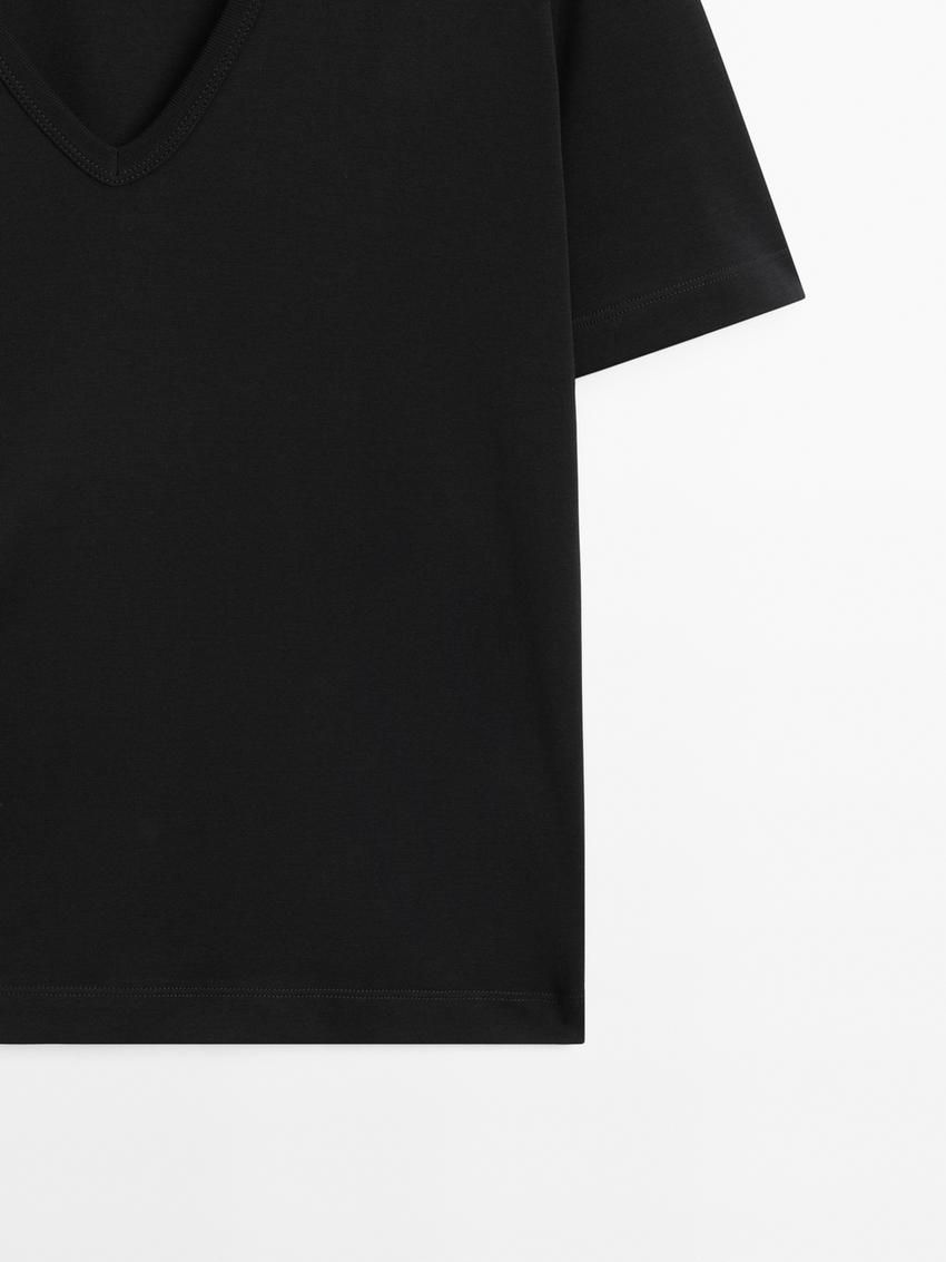 Massimo Dutti Cotton Short Sleeve Women T-Shirt Black | US-IF0586432