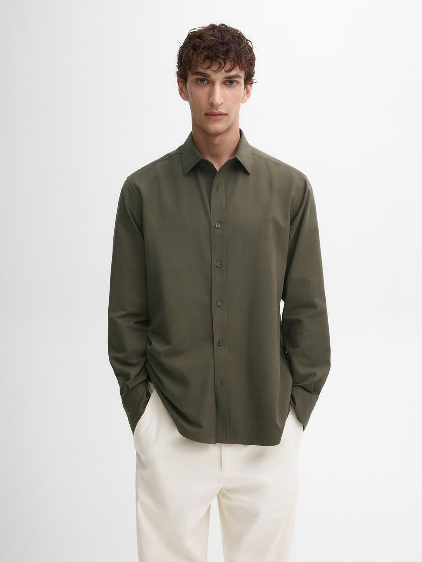 Massimo Dutti Cotton Slim Fit Twill Men Shirts Khaki | US-AL1387624