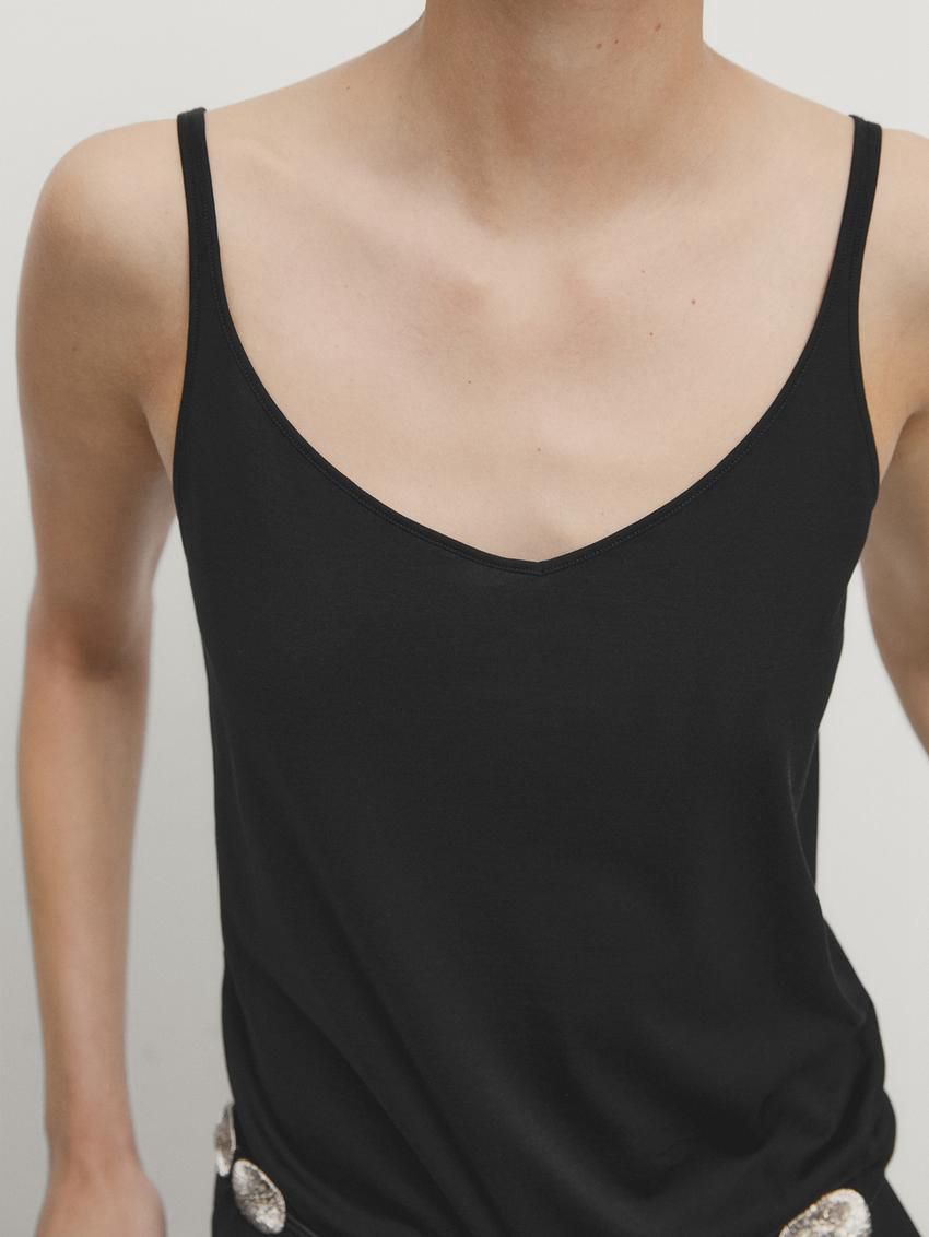 Massimo Dutti Cotton Strappy Women Top Black | US-ZT4835206