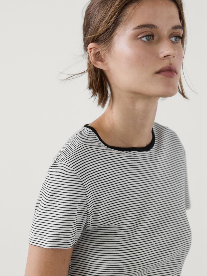Massimo Dutti Cotton Stripe Women T-Shirt Black / White | US-DP8645093