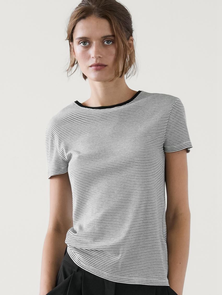 Massimo Dutti Cotton Stripe Women T-Shirt Black / White | US-DP8645093