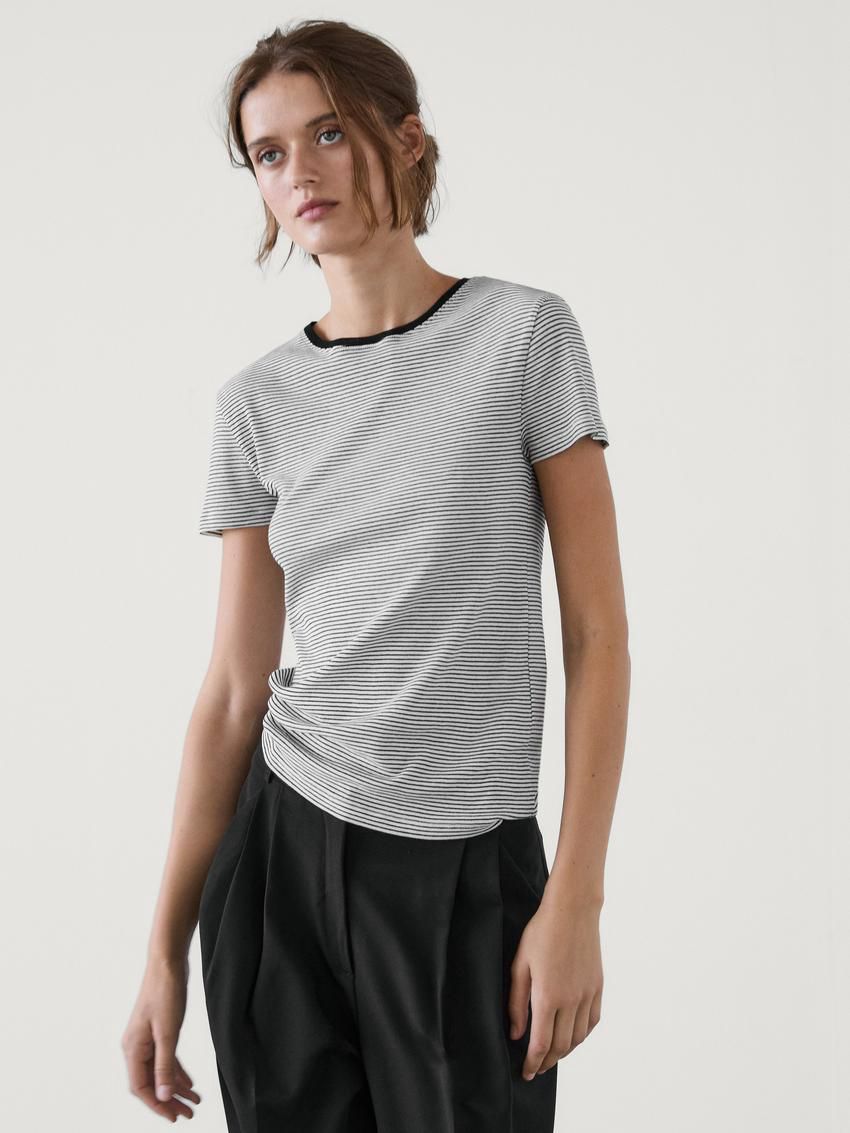 Massimo Dutti Cotton Stripe Women T-Shirt Black / White | US-DP8645093