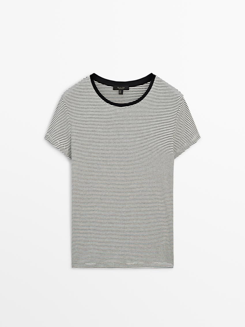 Massimo Dutti Cotton Stripe Women T-Shirt Black / White | US-DP8645093