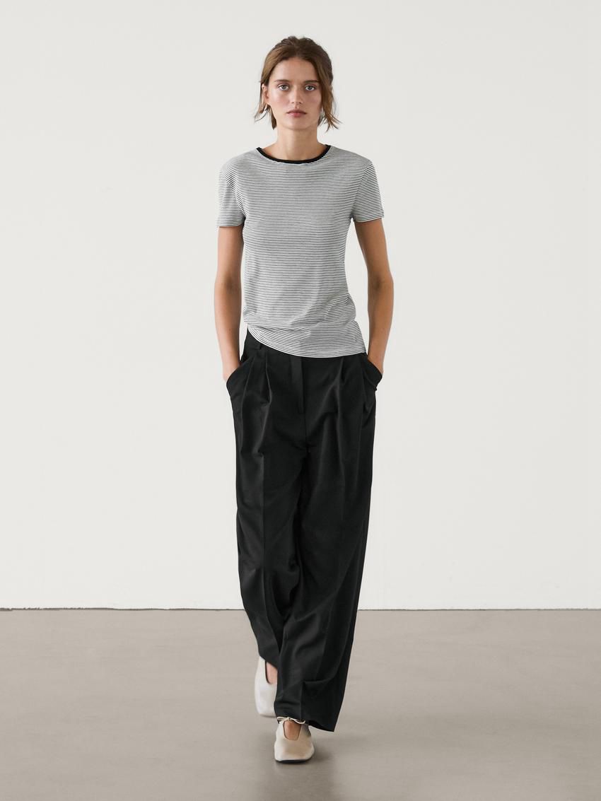 Massimo Dutti Cotton Stripe Women T-Shirt Black / White | US-DP8645093
