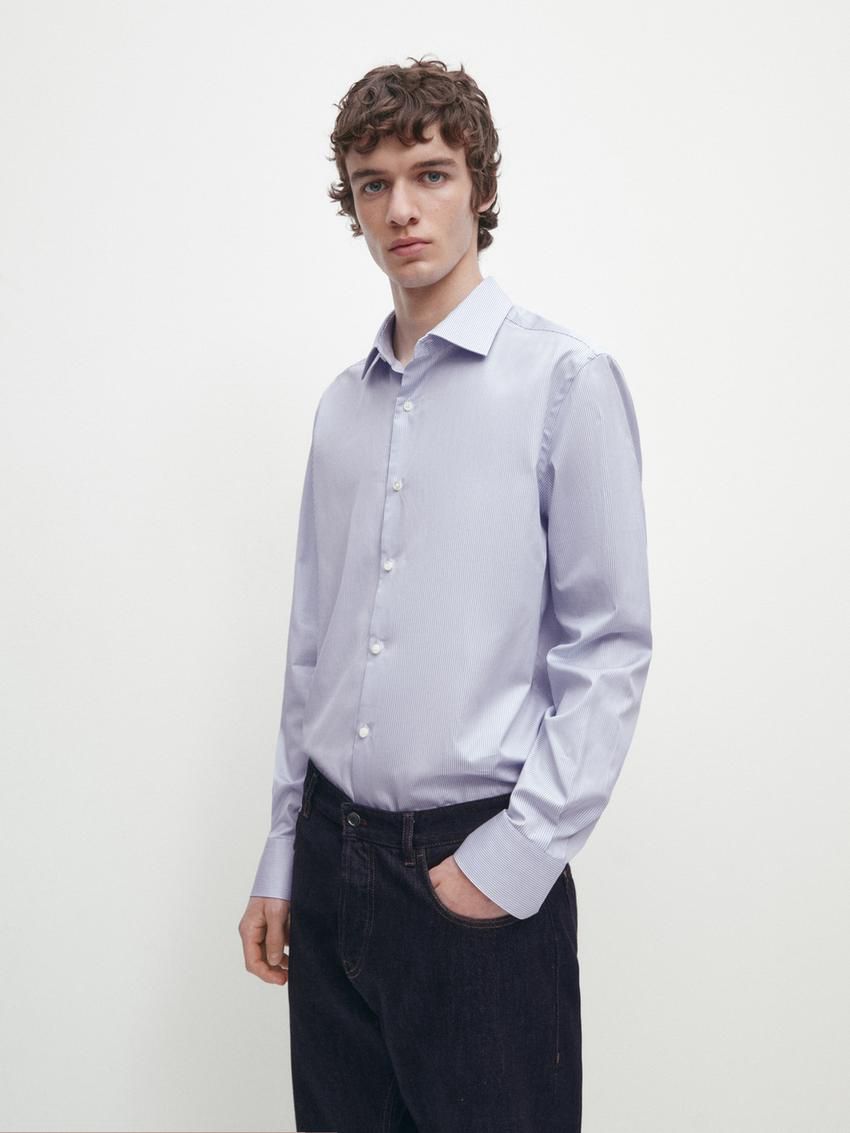 Massimo Dutti Cotton Striped Men Shirts Light Blue | US-LR4792015