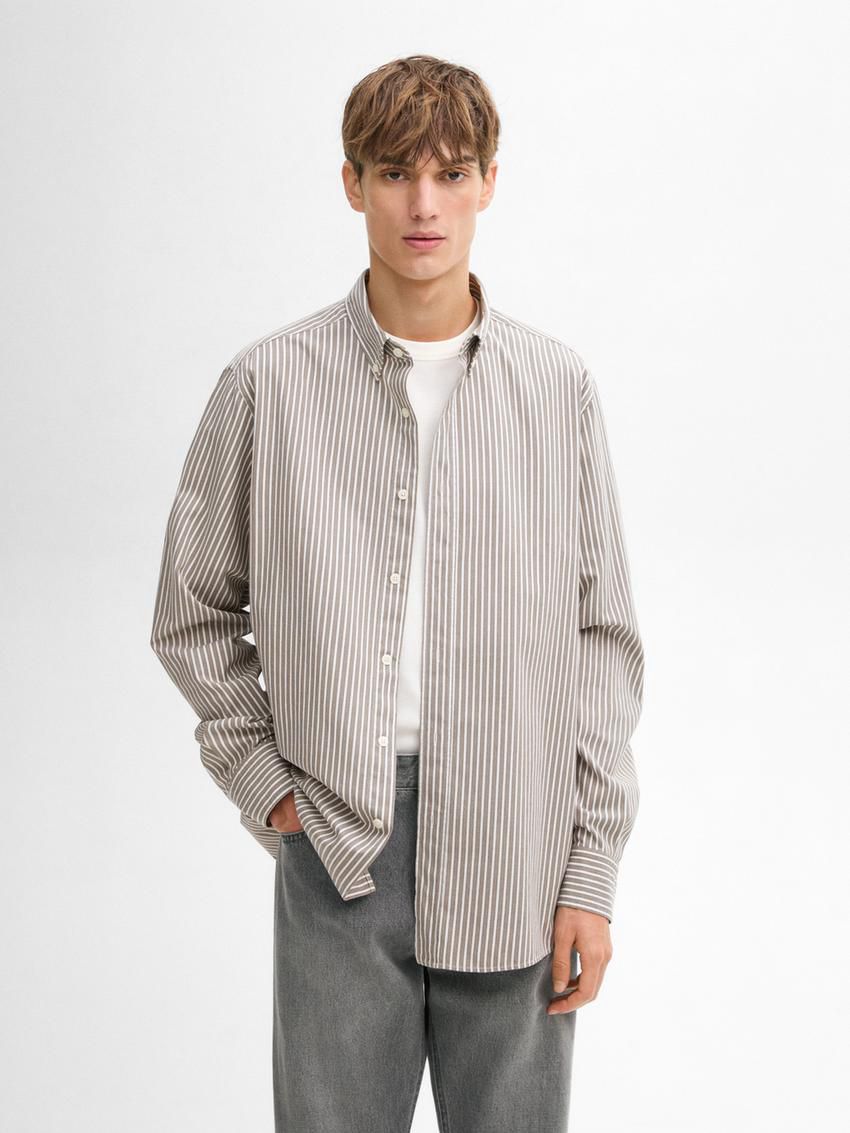 Massimo Dutti Cotton Striped Men Shirts Grey / White | US-SY4503971