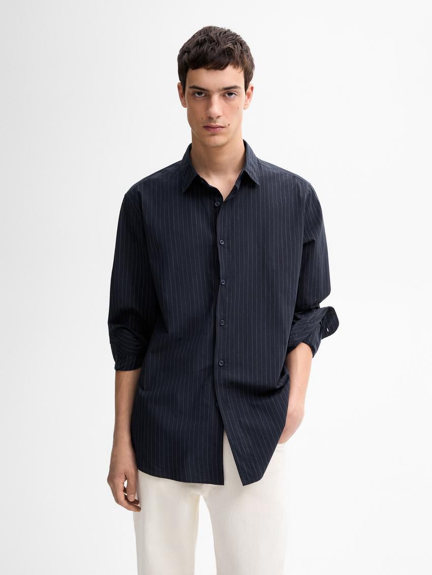 Massimo Dutti Cotton Striped Men Shirts Navy | US-FQ1234890