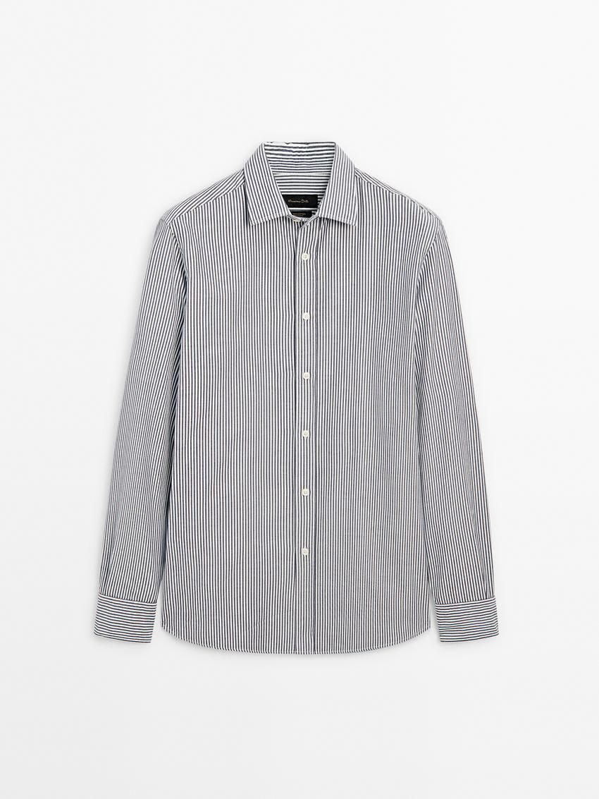 Massimo Dutti Cotton Striped Regular Fit Men Shirts Blue / White | US-QY7436912