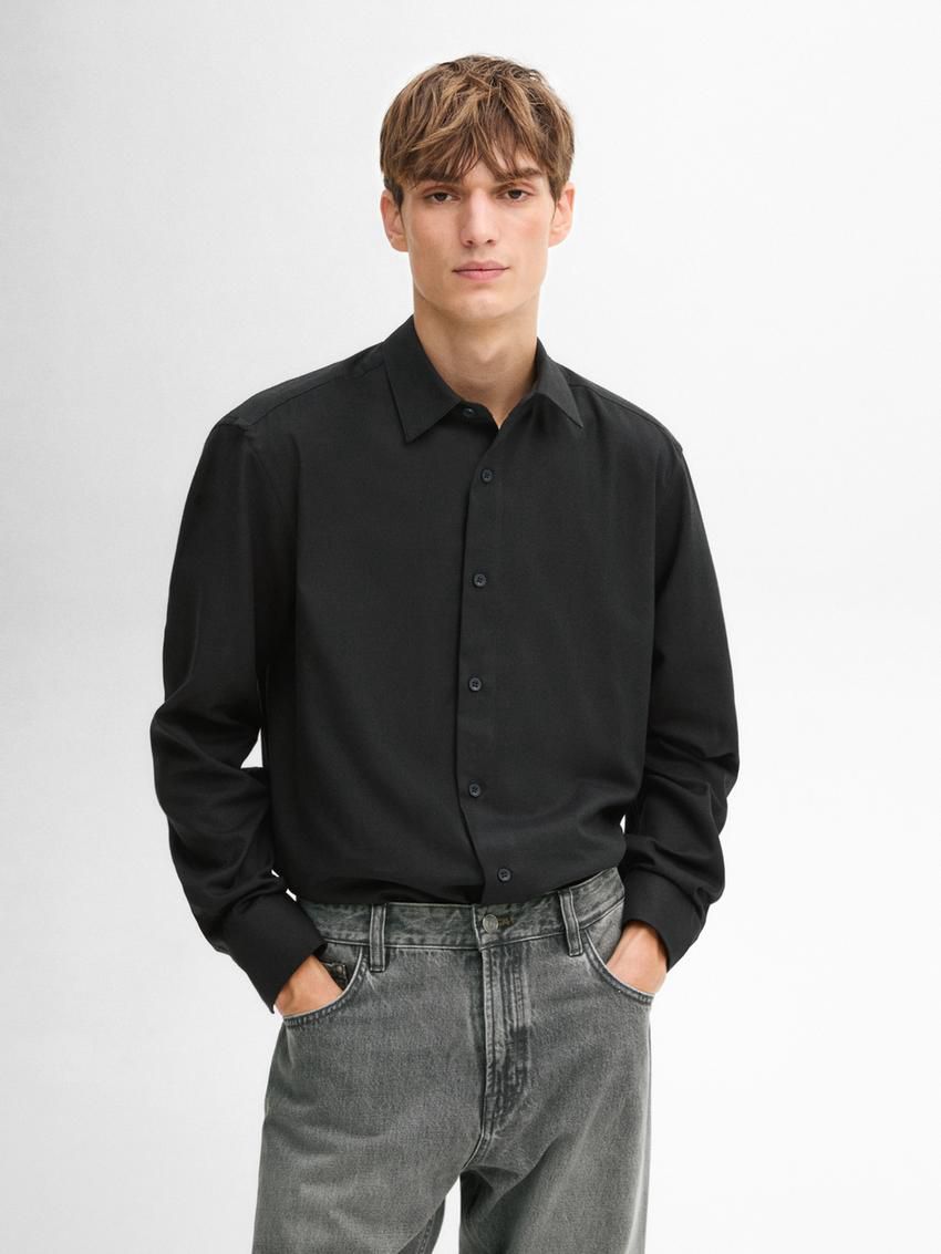 Massimo Dutti Cotton Twill Men Shirts Black | US-FW2597063