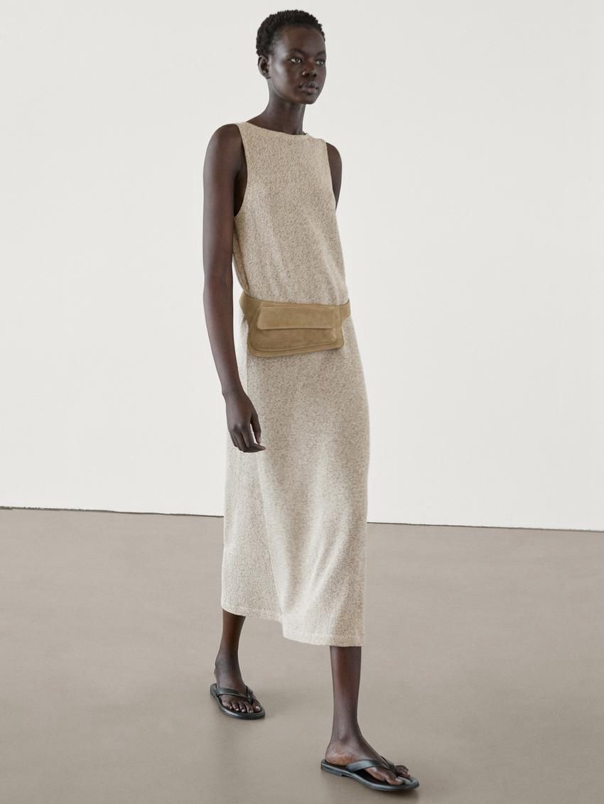 Massimo Dutti Cotton Twisted Yarn Knit Midi Women Dress Beige | US-ZE3048576